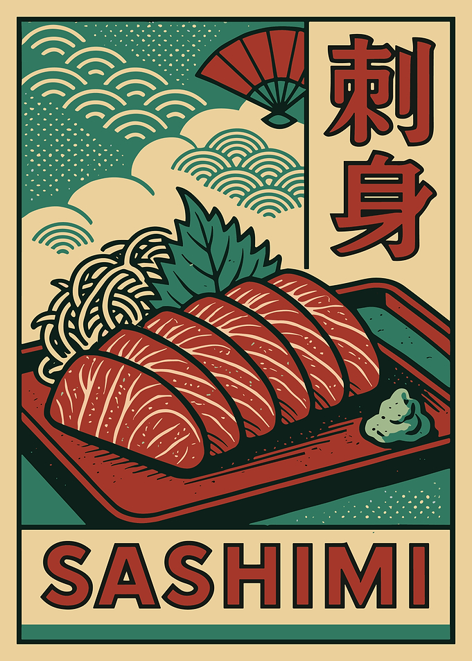 Sashimi Japanese Food Poster, Retro Asian Wall Art Print, Vintage Japan Cuisine Illustration
