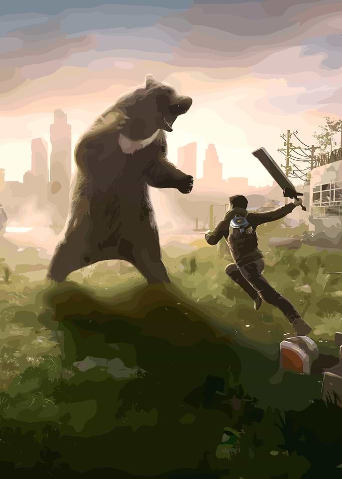 Man versus Bear in Post-Apocalyptic Setting