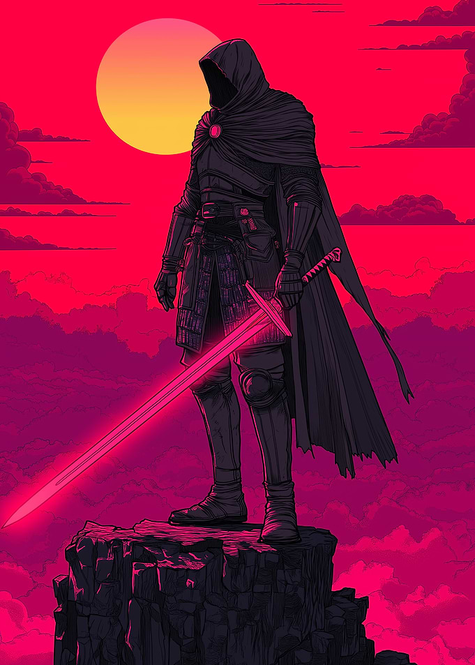 Hooded Warrior with Glowing Sword