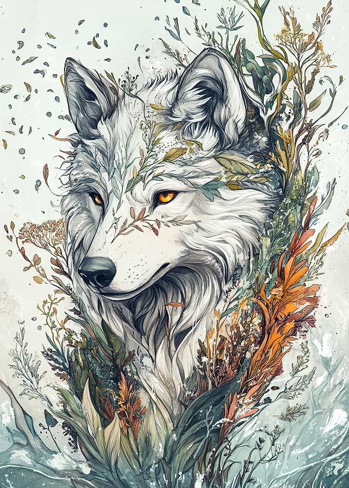 Wolf Portrait with Floral Elements