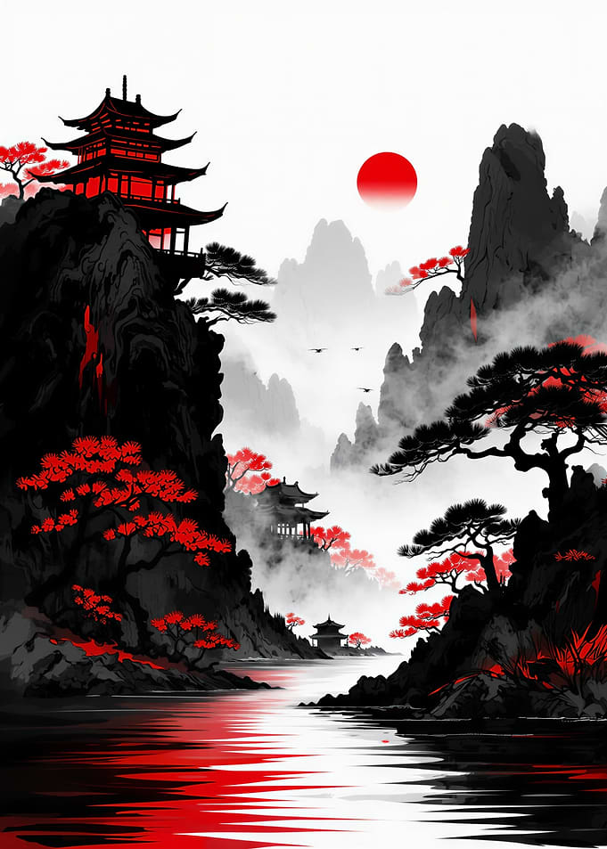 Japanese Landscape with Pagodas and Sun