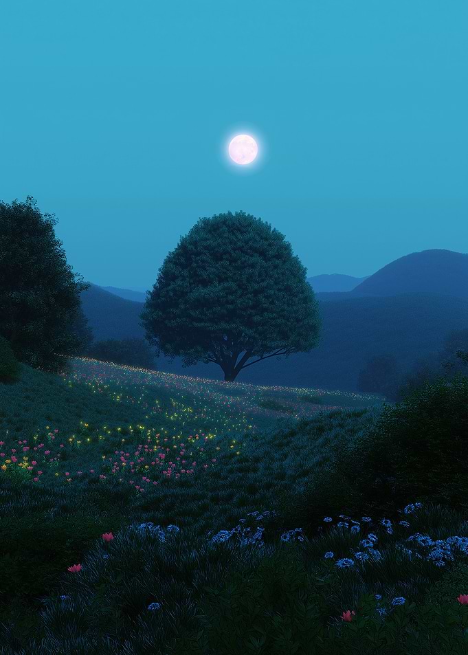 Moonlit Meadow with Flowers and Tree
