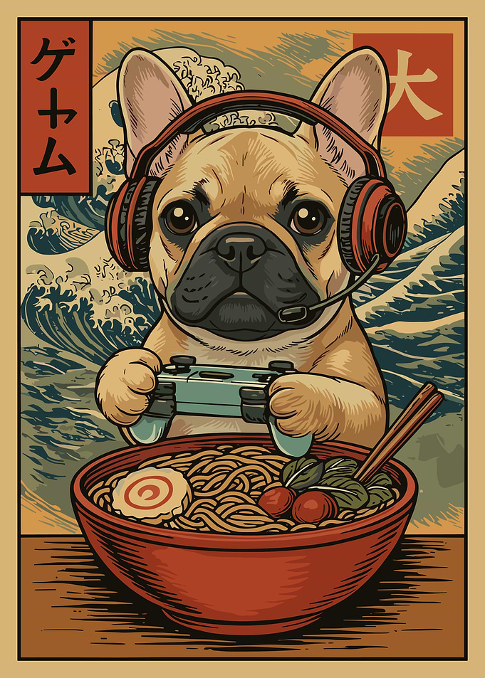 French Bulldog Gamer Poster, Ramen Japanese Wall Art, Anime Style Dog Illustration Print