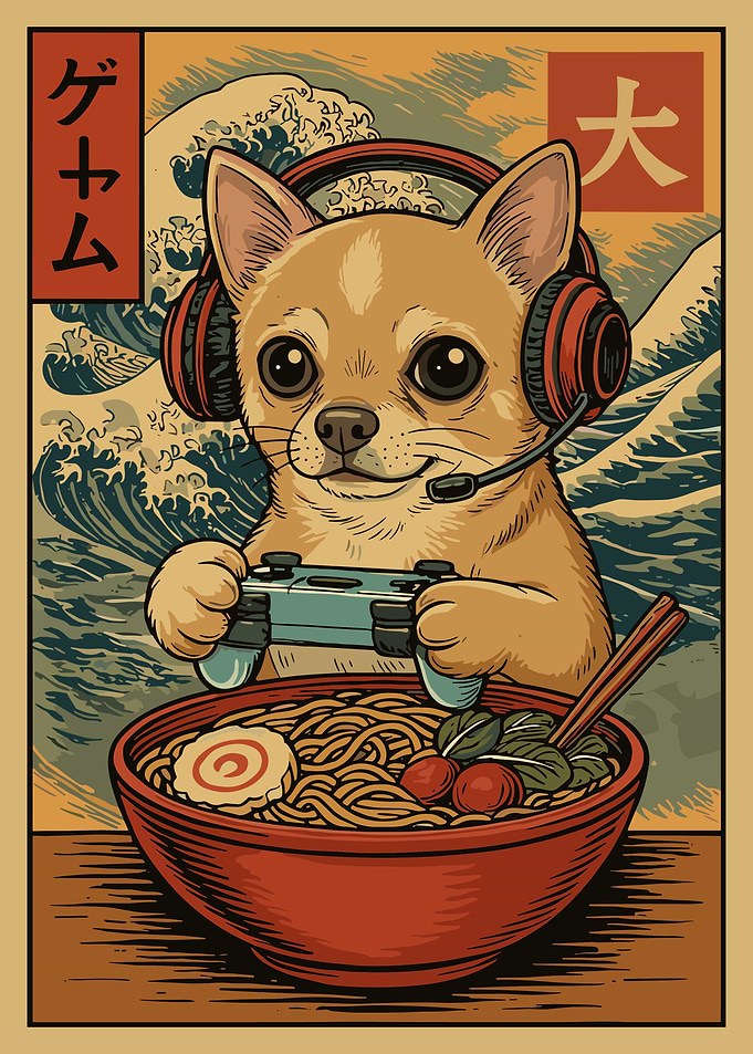 Chihuahua Gamer Ramen Poster, Cute Dog Gaming Art, Japanese Style Wall Art Print