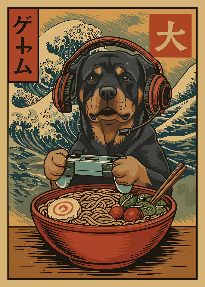 Rottweiler Gaming Ramen Poster, Japanese Food Wall Art, Anime Dog Illustration Print