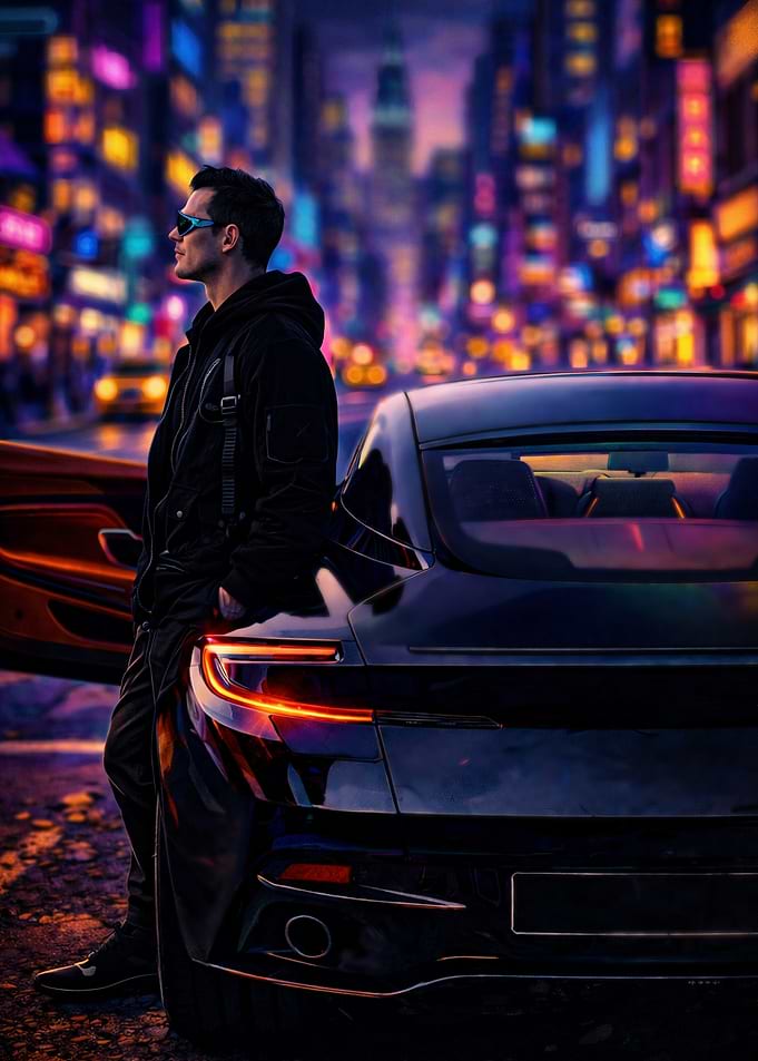 Man and car in city at night