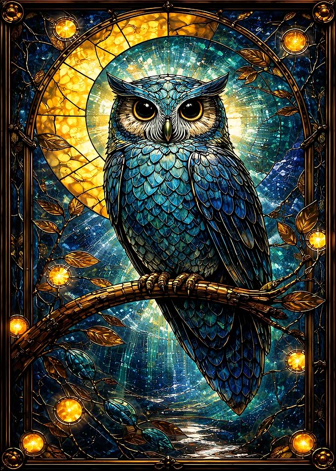 Stained Glass Owl Perched on Branch