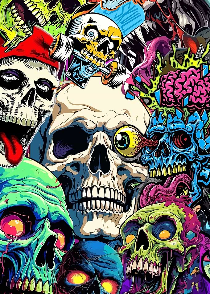 Colorful Skulls and Skateboard Art