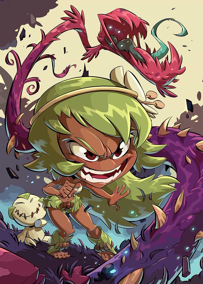 Cartoon Girl Fighting Plant Monsters