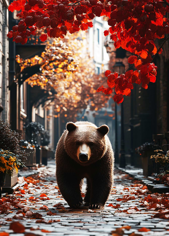 Bear walking down autumn street