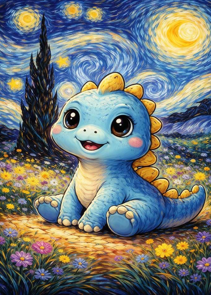 Cute Dinosaur in Starry Night Style