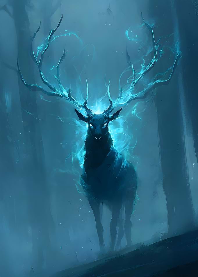 Ethereal Blue Deer in Misty Forest