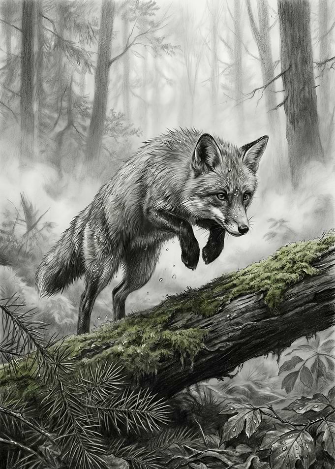 Fox Leaping in Forest