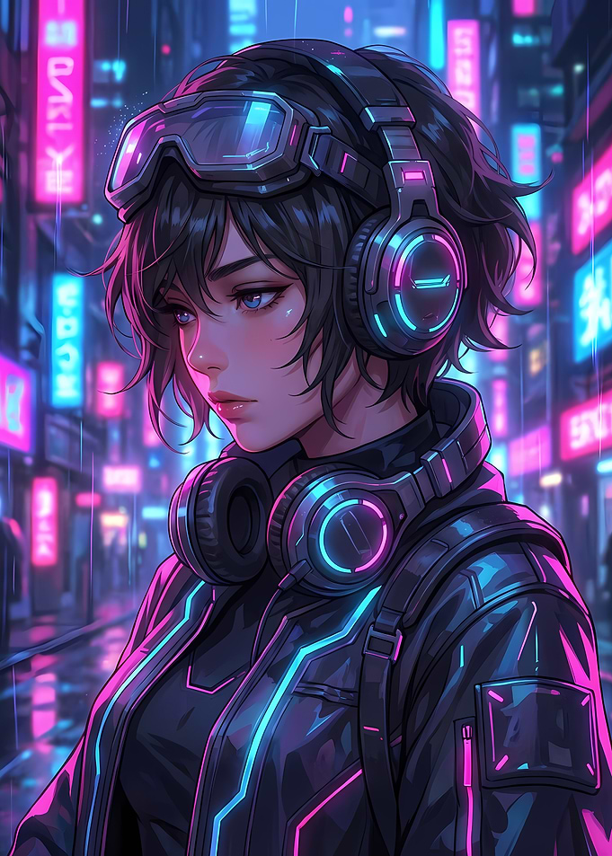Cyberpunk Girl with Headphones in City