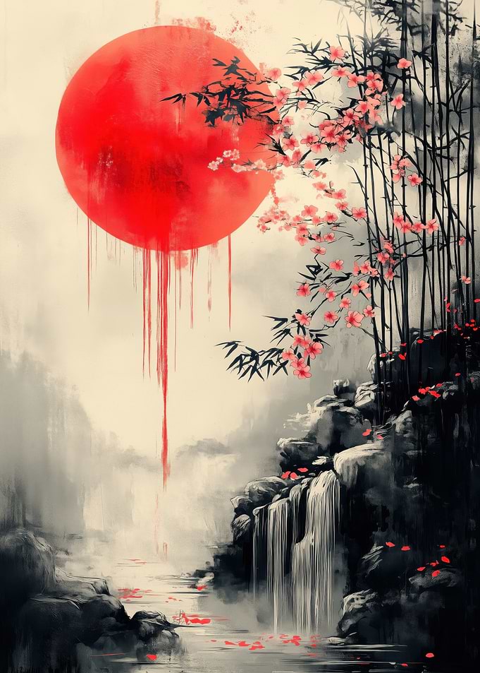 Japanese Landscape with Red Sun