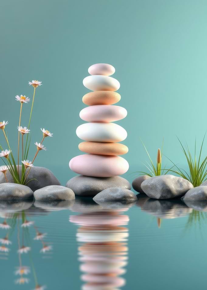 Zen Stone Stack with Water Reflection