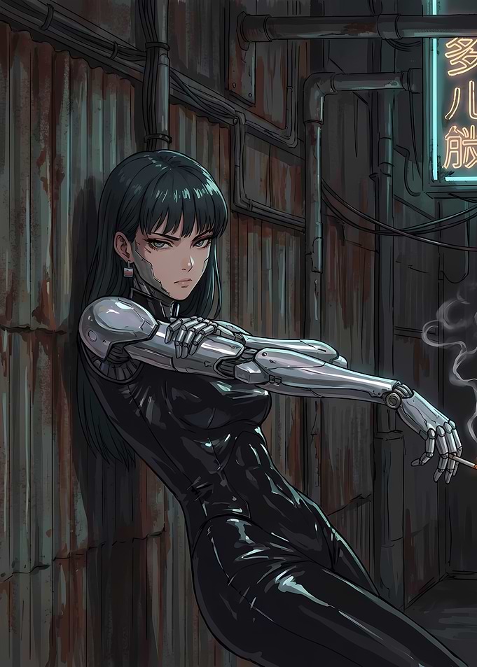 Cyborg Girl Smoking in Alley