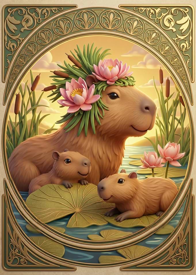 Capybara Family with Lotus Flowers
