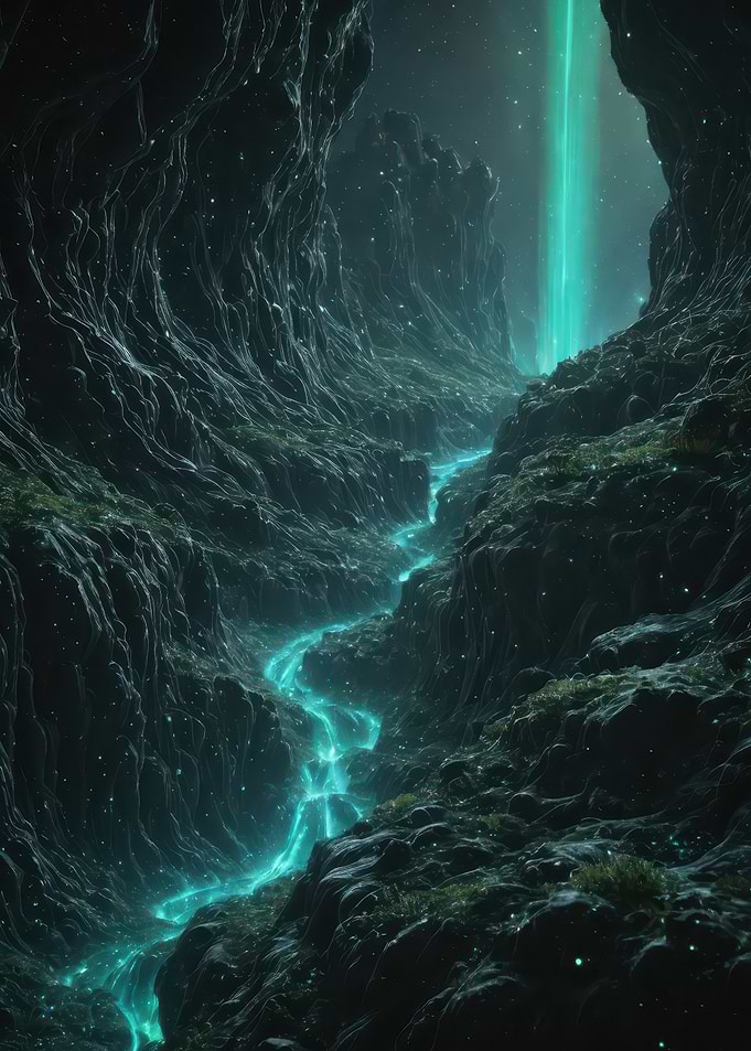 Luminous Rift: Neon Waterfall in an Alien Canyon