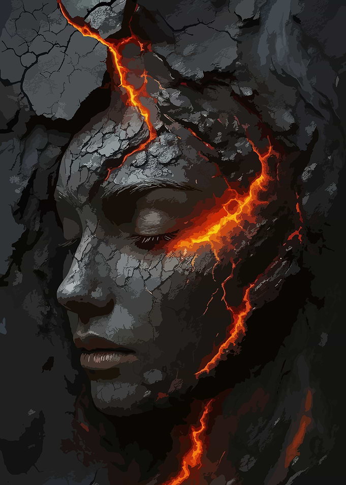 Cracked Stone Face with Lava Veins