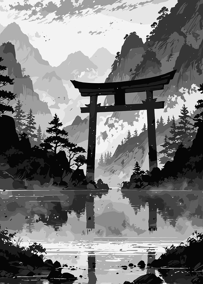 Monochrome Torii Gate Landscape
