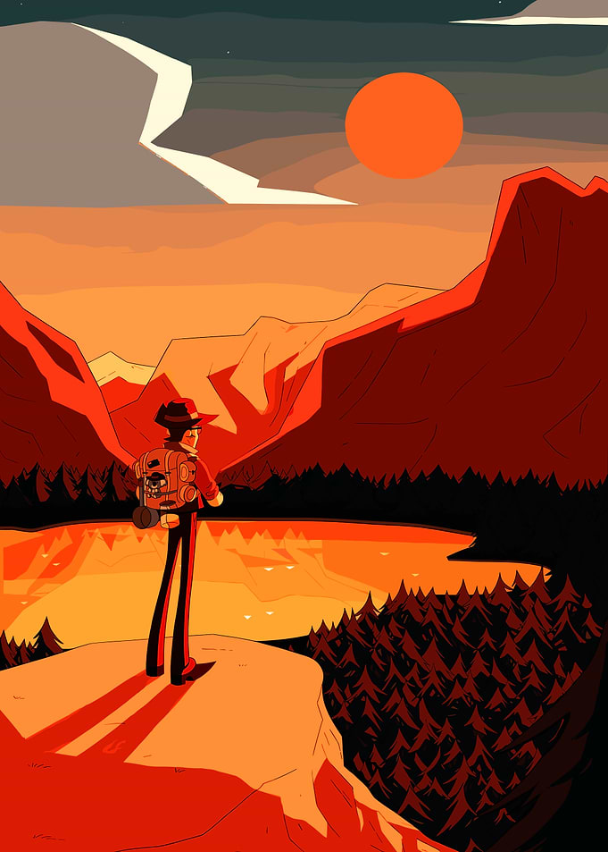 Hiker at Sunset Landscape Illustration