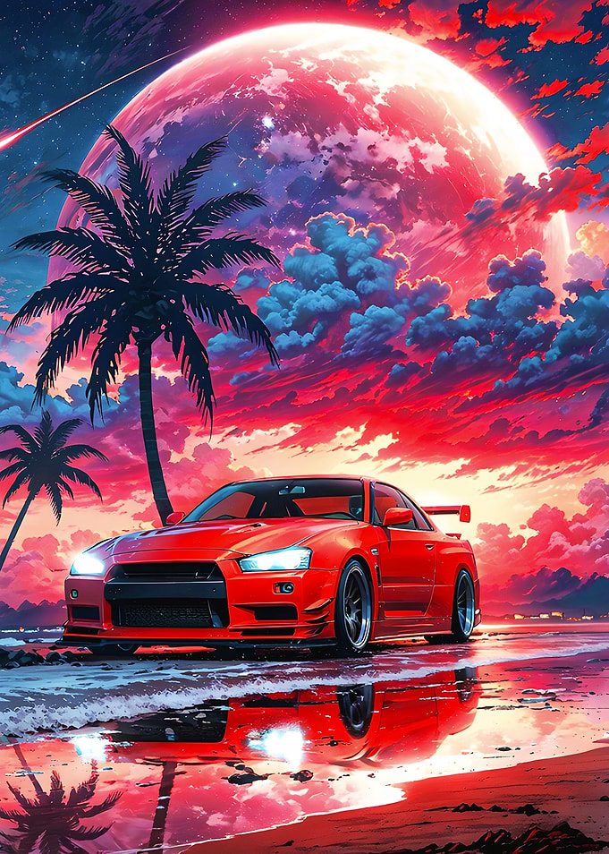 Red Car on Beach with Moon