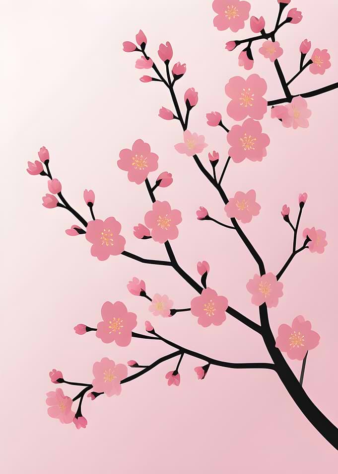 Cherry Blossom Branch on Pink Background