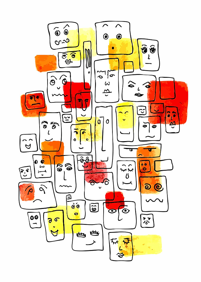 Faces in Squares with Watercolor Accents