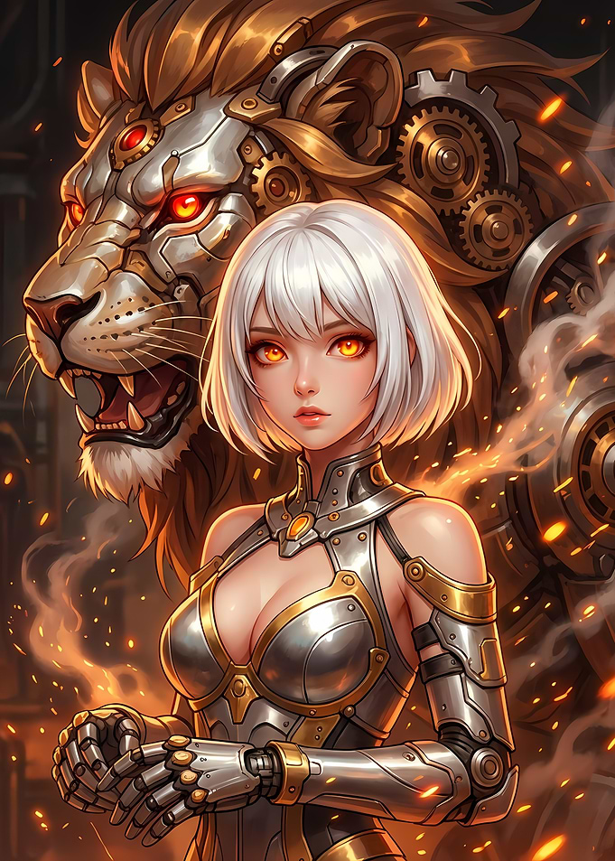 Steampunk Girl with Mechanical Lion
