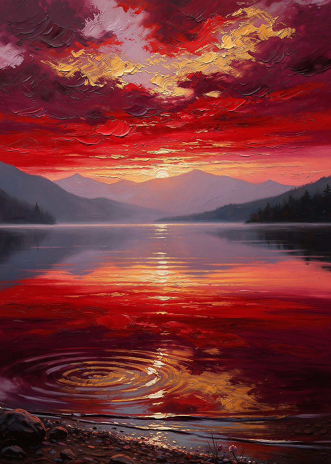 Crimson Sunset Over Mountain Lake