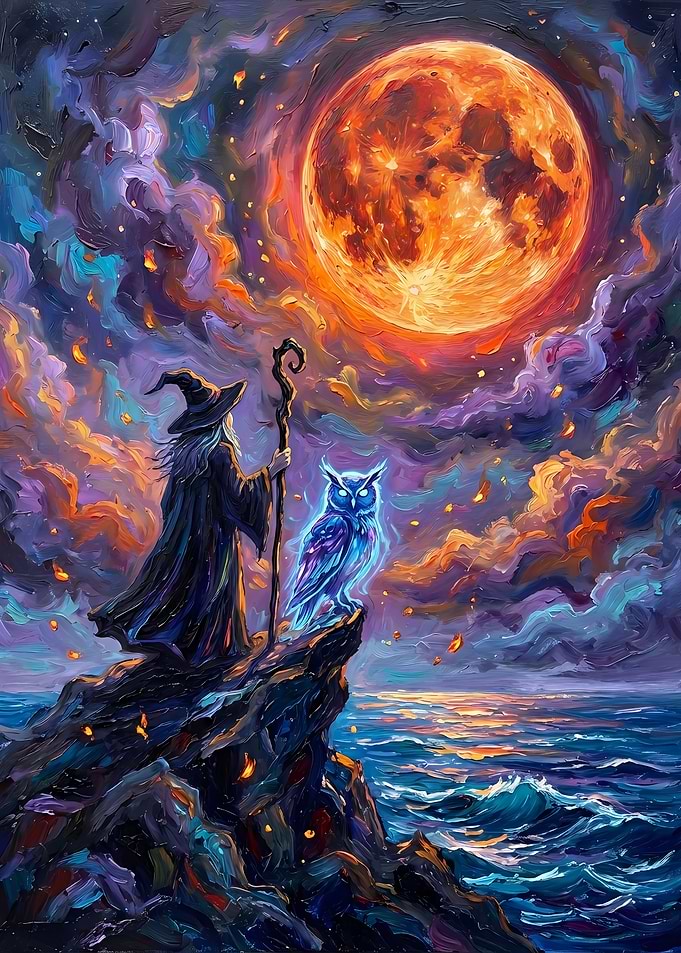 Wizard and Owl Under a Fiery Moon