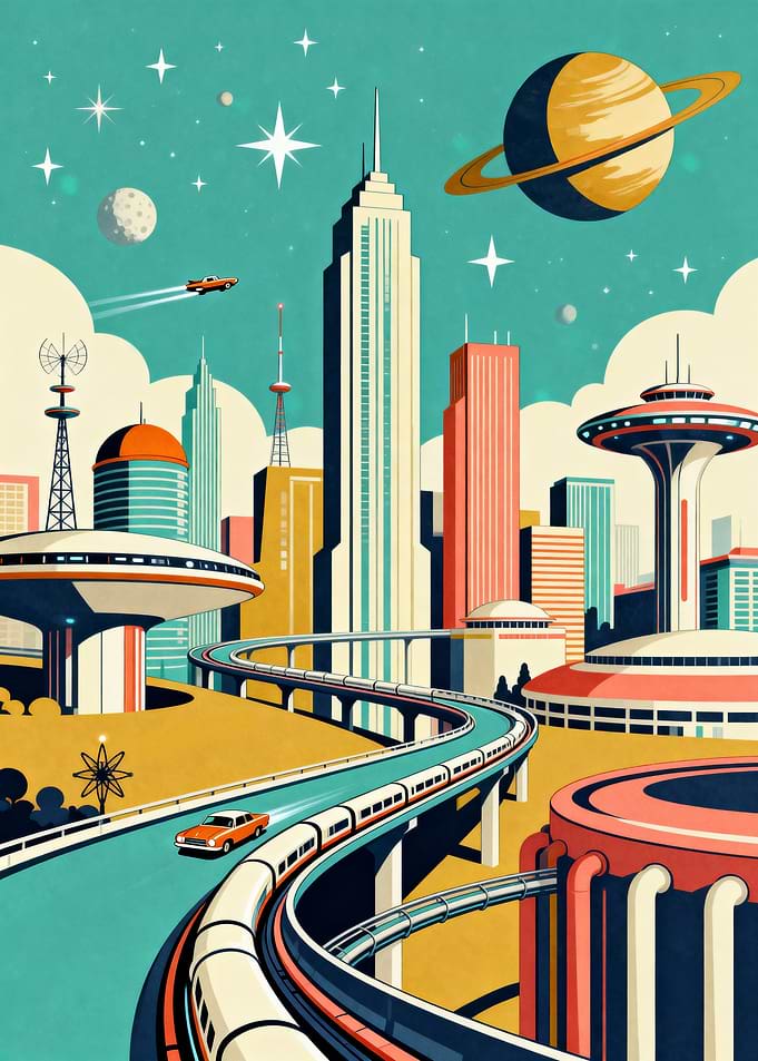 Retro Futuristic Cityscape with Space Elements