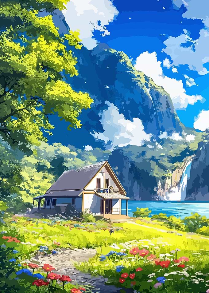 Anime Landscape with House and Waterfall