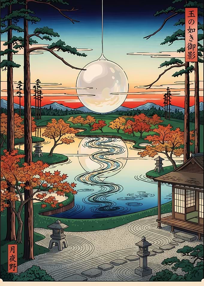 Japanese Garden with Moon Reflection