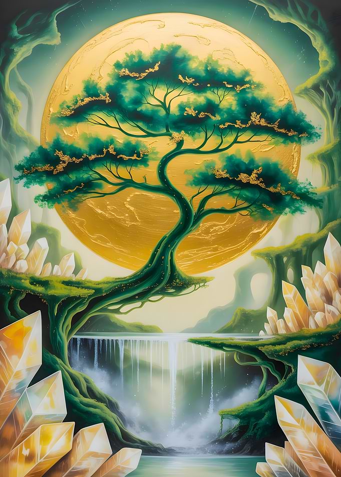 Crystal Waterfall Enchanted Golden Tree with Moonlight and Gems