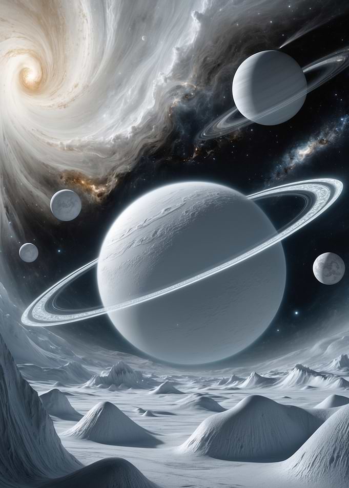 Icy Planet Landscape with Rings