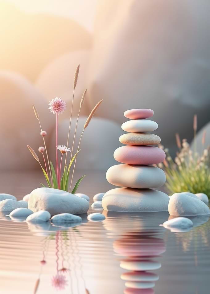 Zen Stones and Flowers in Water