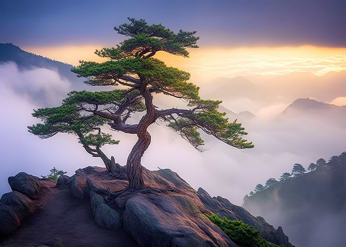 Mountain Tree in the Foggy Clouds Nature