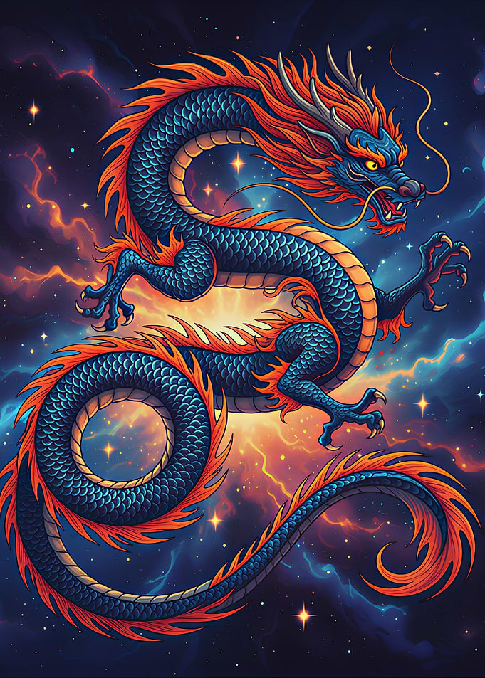 Blue and Orange Dragon in Space