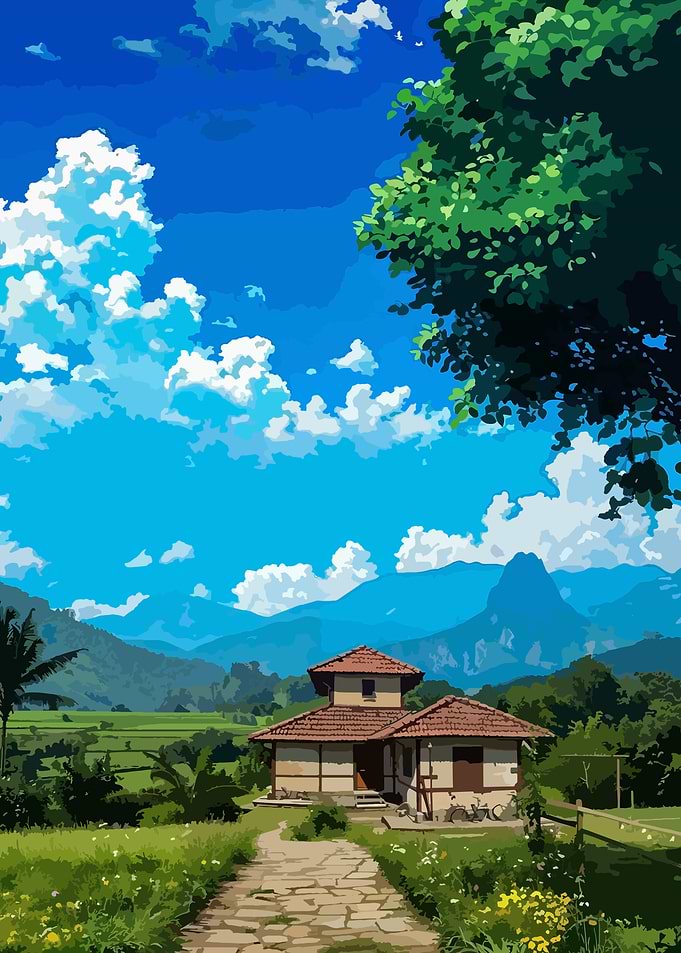 Rural House Landscape with Blue Sky