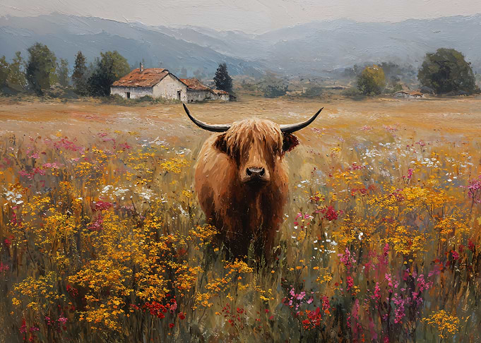 Highland Cow in Floral Meadow Painting
