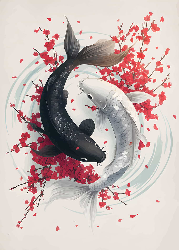 Yin Yang Koi Fish with Blossoms