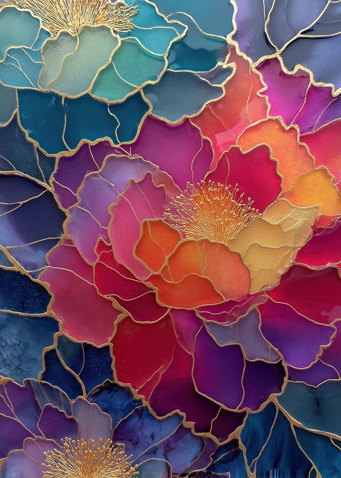 Floral Mosaic with Golden Outlines
