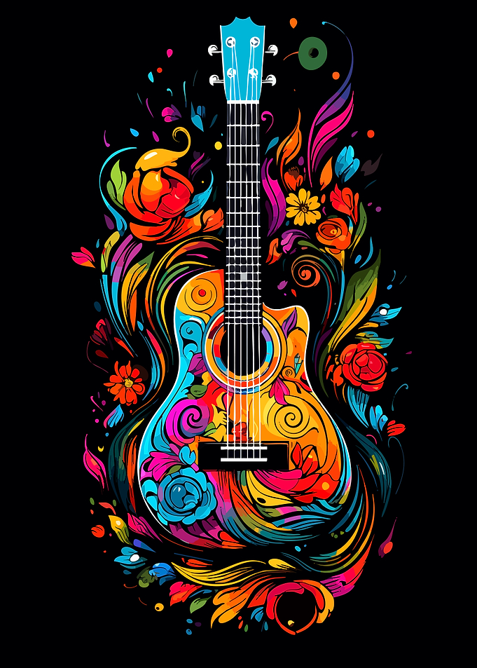 Colorful Floral Guitar on Black Background