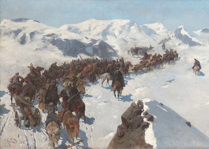 Crossing by Argutinsky through the snowy mountains of the Caucasus