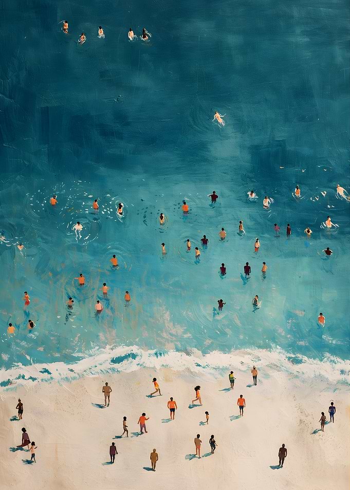 Beach Scene with Swimmers and Sunbathers