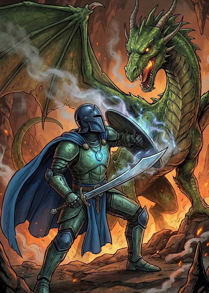 Knight versus Dragon in Fantasy Battle