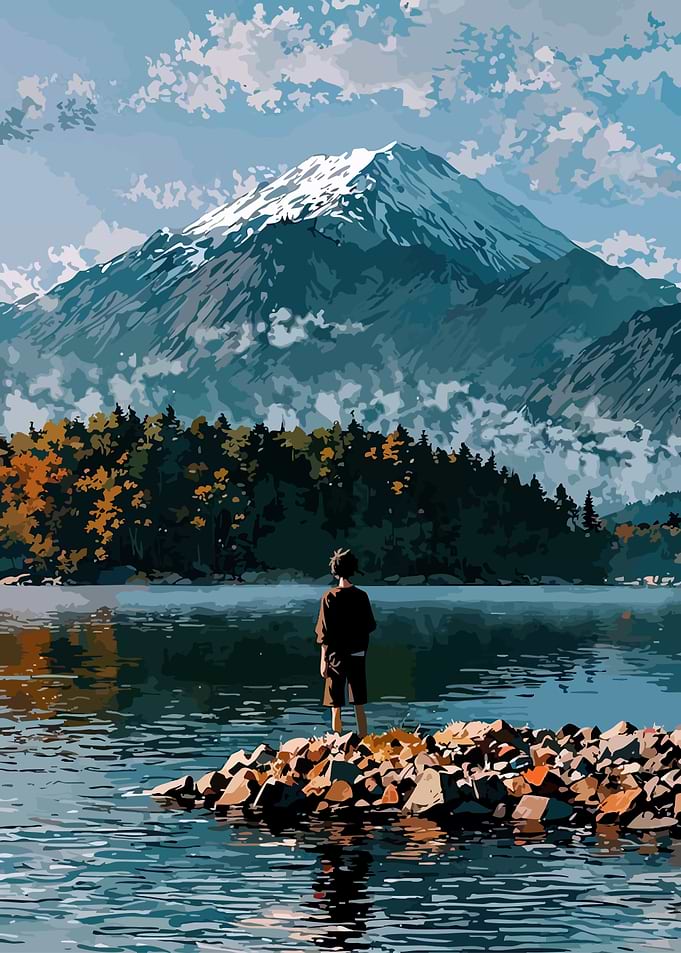 Boy Gazing at Mountain Lake Landscape