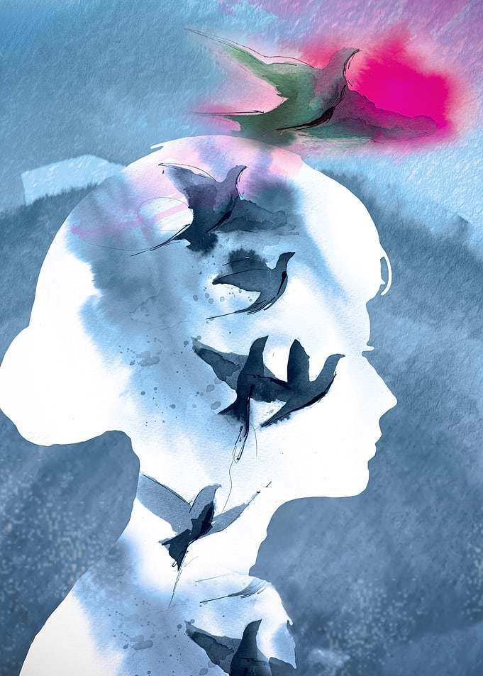 Woman's Silhouette with Bird Freedom Watercolor